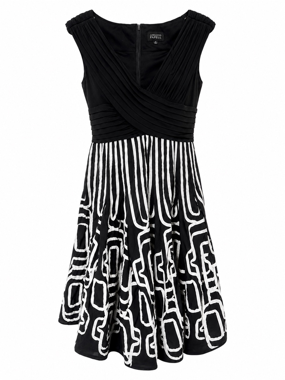 Adrianna Papell Pleated Fit & Flare Cocktail Dress Black White Size 10